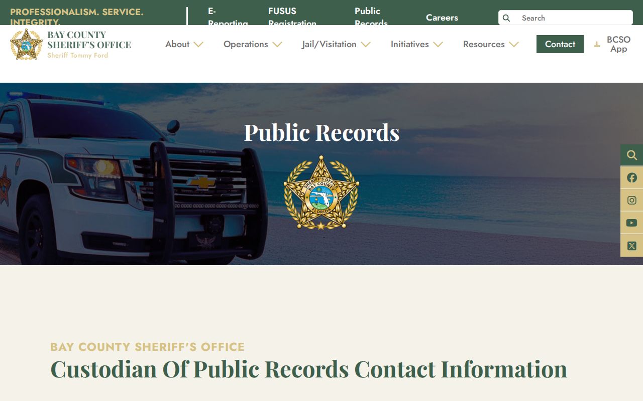 Bay County Sheriff's Office booking record request page